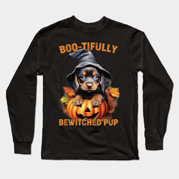 Boo-tifully Bewitched Puppy Dog Halloween Long Sleeve T-Shirt by Rosemat